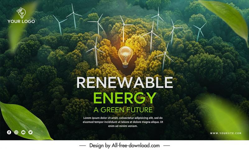 renewable energy banner template lightbul windfarm forest scene 