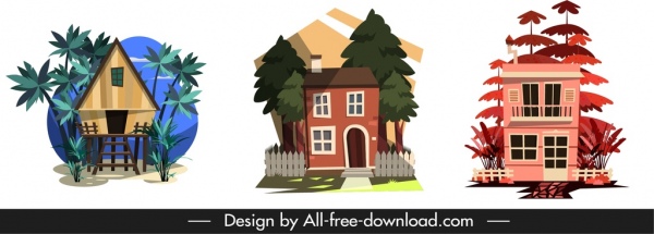 residential house icons colored classical sketch