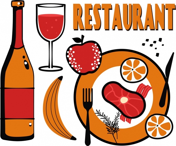 restaurant banner food beverage icons colored flat decor