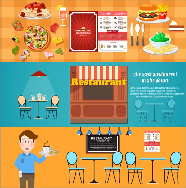 restaurant design elements illustration in flat horizontal style
