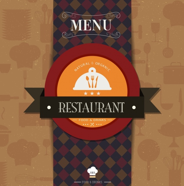 restaurant menu cover template ribbon circle checkered decor