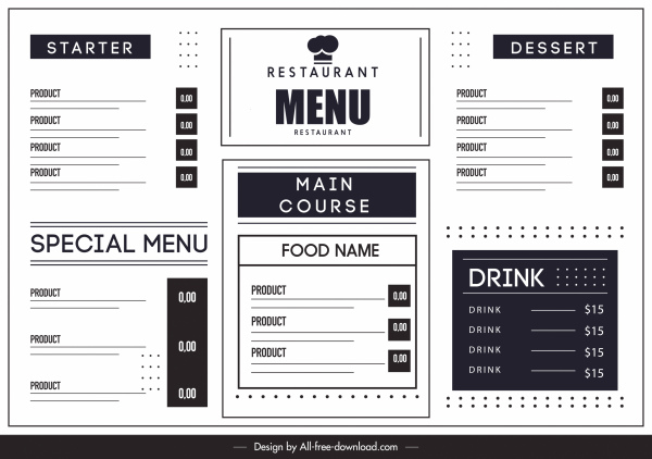 Restaurant menu template black white flat simple design Vectors graphic