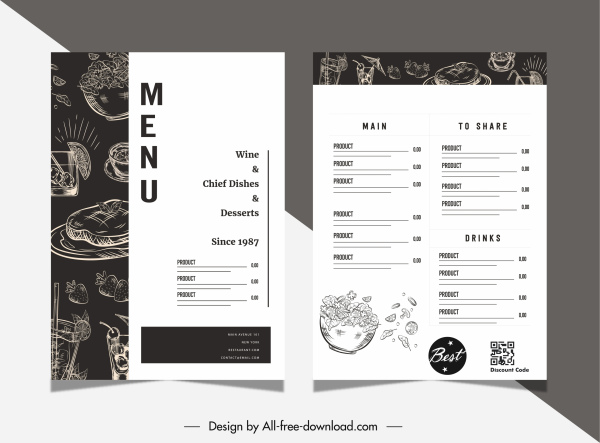 restaurant menu template contrast black white retro handdrawn