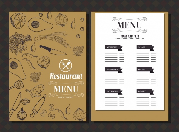 restaurant menu template food icons classical handdrawn sketch 