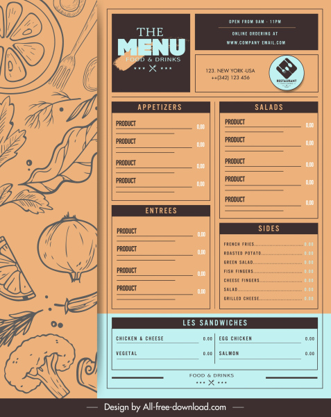 restaurant menu template retro handdrawn sketch