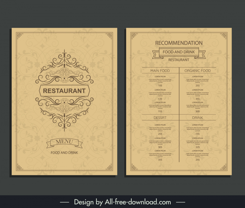 restaurant menu template retro symmetric curves ribbon decor