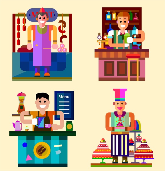 restaurants occupation concept illustration with cook and bartender