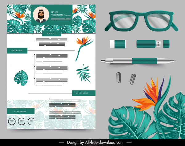 resume design elements flora pen glasses usb sketch