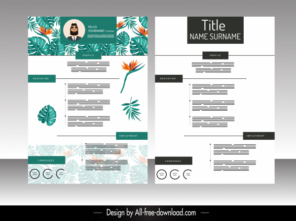 resume template nature theme floral leaves decor