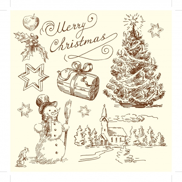 christmas card template classical handdrawn symbols sketch
