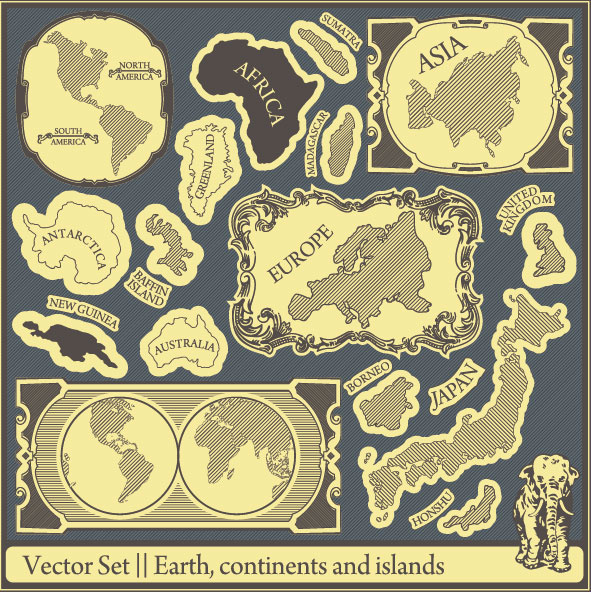 retro earthcontinents and islands labels vector