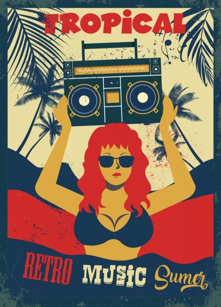 retro music party banner bikini girl cassette icons