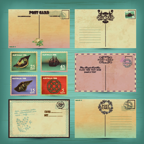 retro postcards and postage stamps design vector