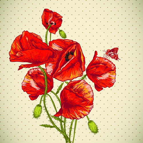 retro red poppies cards vector graphics