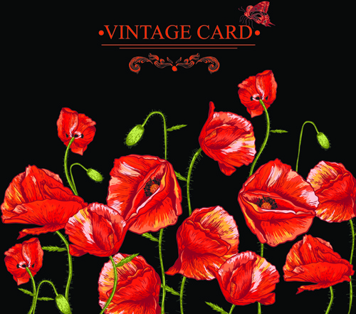 retro red poppies cards vector graphics