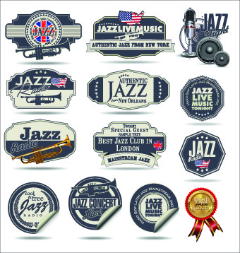 retro rock music and jazz labels vector