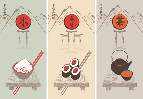 rice with sushi and tea vector backgrounds
