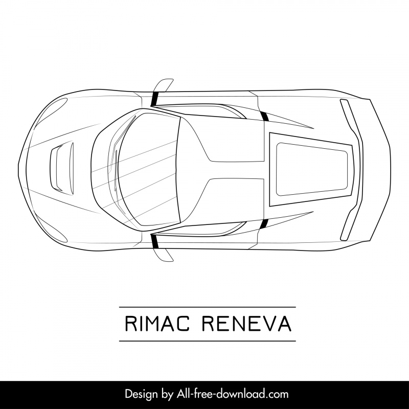 rimac reneva car model advertising template flat black white symmetric handdrawn top view sketch