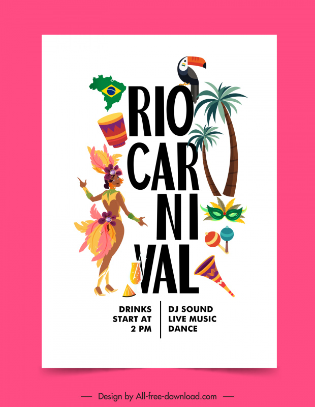 rio carnival party poster  template country elements symbols outline 