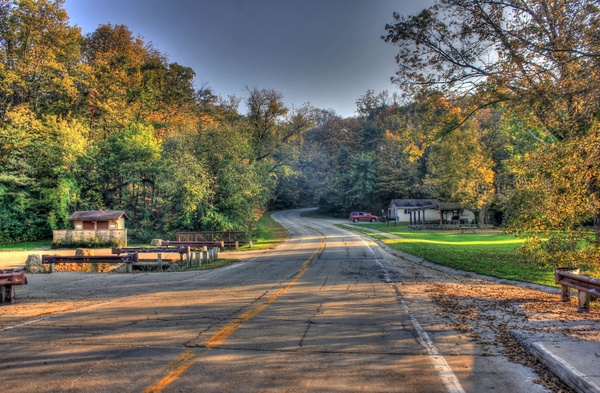 road through the park at apple river canyon state park illinois 