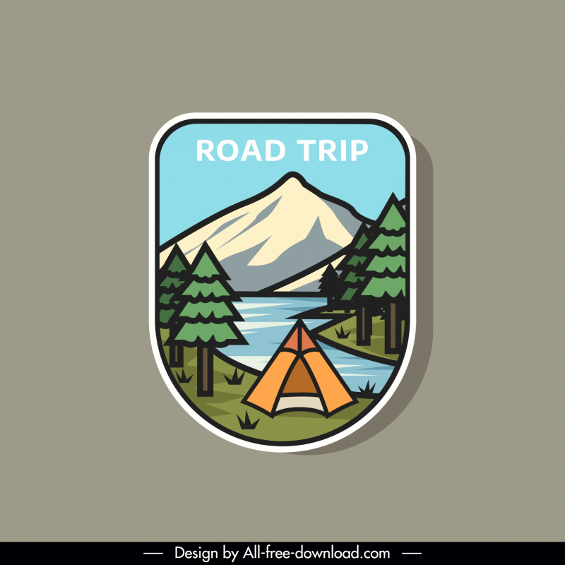 road trip camping label template flat classical tent lake mountain scene  