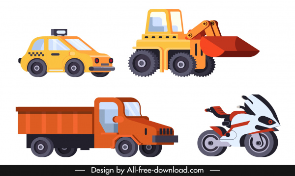road vehicle icons truck bulldozer car motorbike sketch