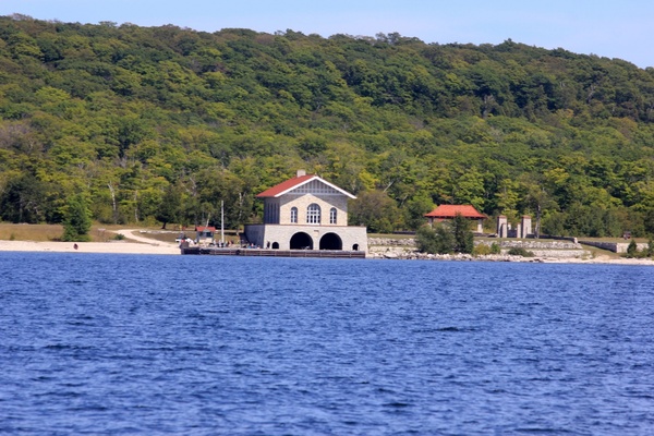 rock island shore and boathouse at rock island state park wisconsin