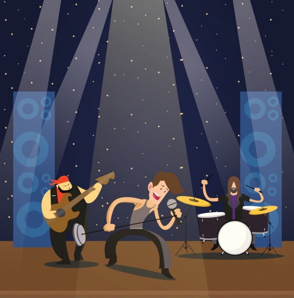 rock music background performer icons colored cartoon