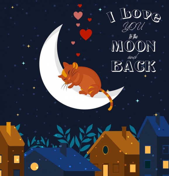 romance background cat crescent heart icon colored cartoon
