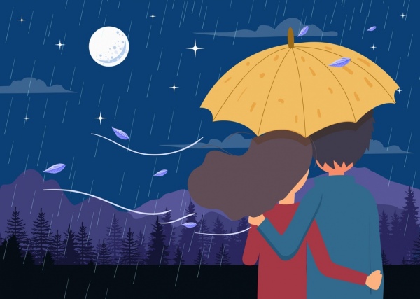 romance drawing couple rain moonlight icons colored cartoon