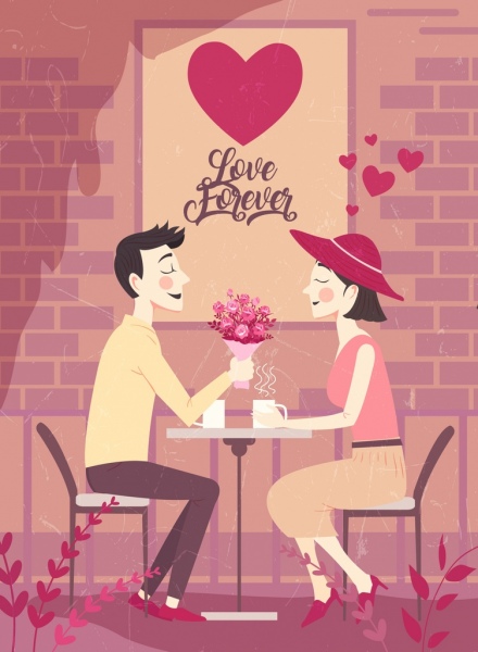 romance drawing loving couple heart decor colored cartoon