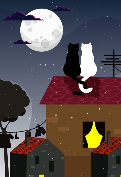 romantic background cats couple moonlight icons