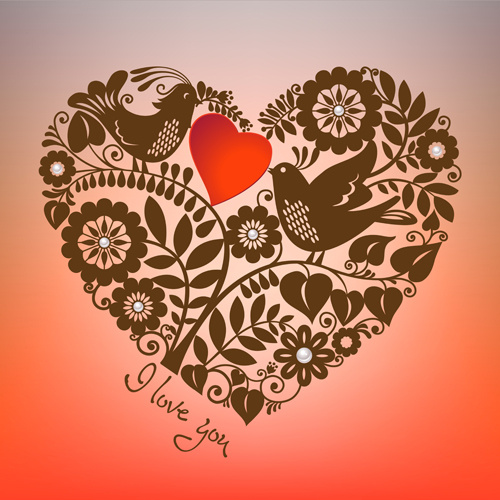 romantic birds with floral hearts vector 