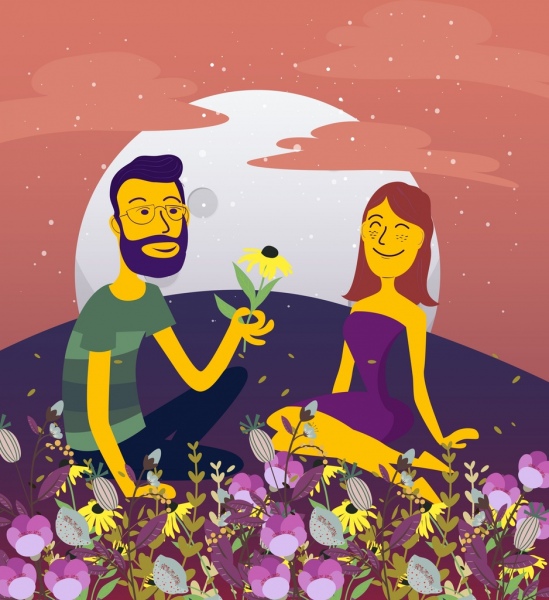 romantic couple drawing flowers decoration colored cartoon design