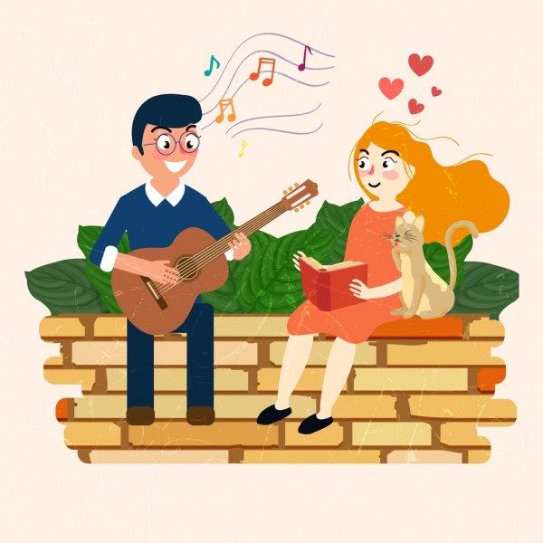 romantic drawing couple dating guitar music colored cartoon 