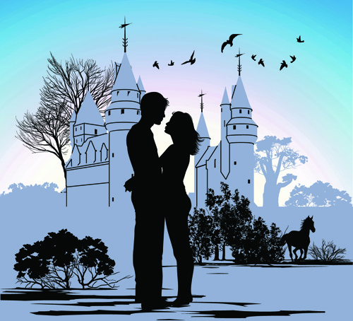 romantic of city with people silhouettes vector