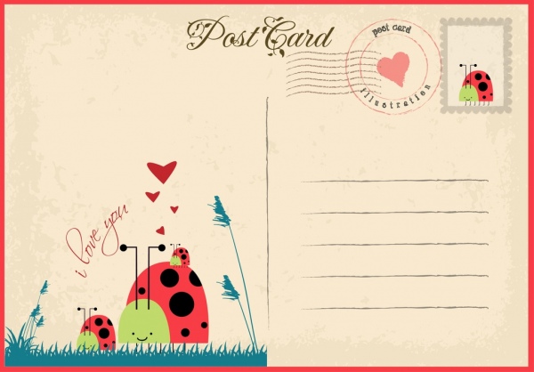 romantic postcard template heart ladybird icon retro style 