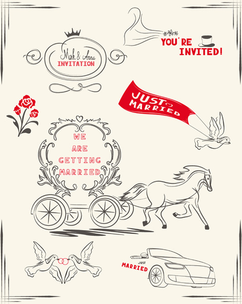 romantic wedding invitation cards hand drawn vector