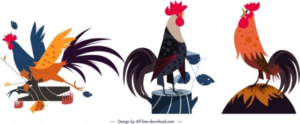 rooster animal icons colored cartoon design