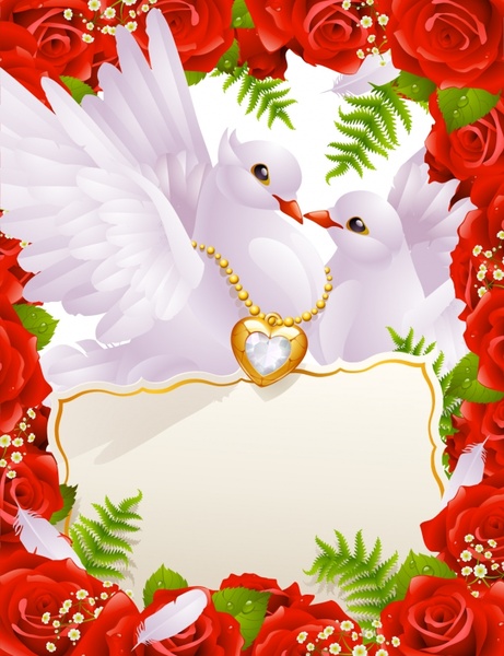 wedding background pigeon couple roses heart icons decor