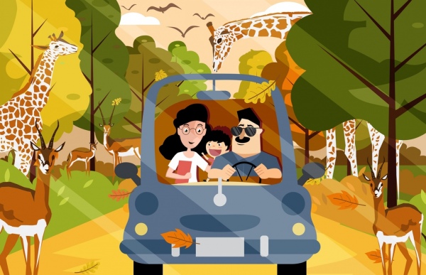 safari painting family car animals icons cartoon characters