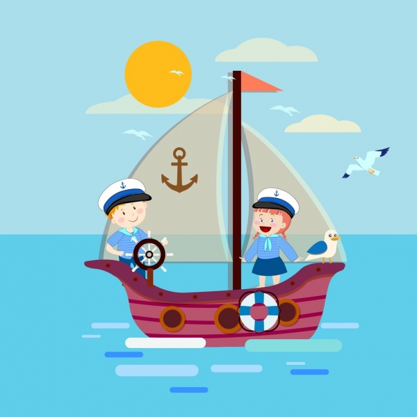 sailor background children ship icons colored cartoon design