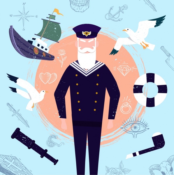 sailor design elements pilot ship seabirds binoculars icons