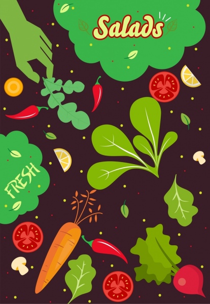 salad ingredients background multicolored vegetable icons dark design