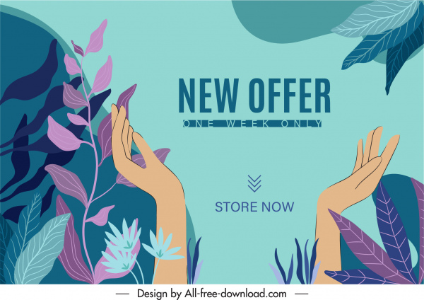 sale banner template classical leaves handdrawn hands sketch