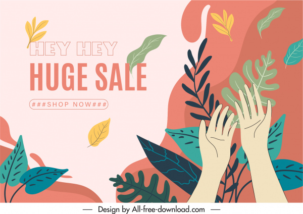 sale banner template colorful leaves hands sketch