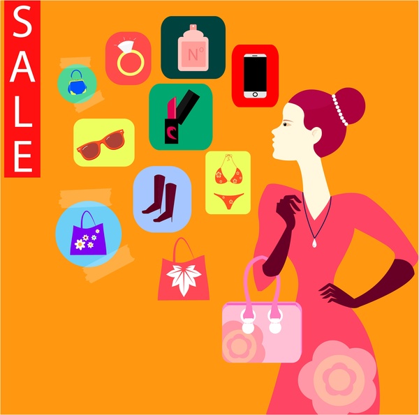 sale banner with shopping icons and woman illustration