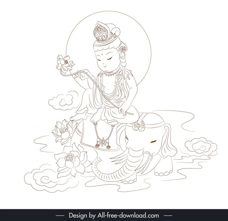 samantabhadra bodhisattva design elements handdrawn outline 