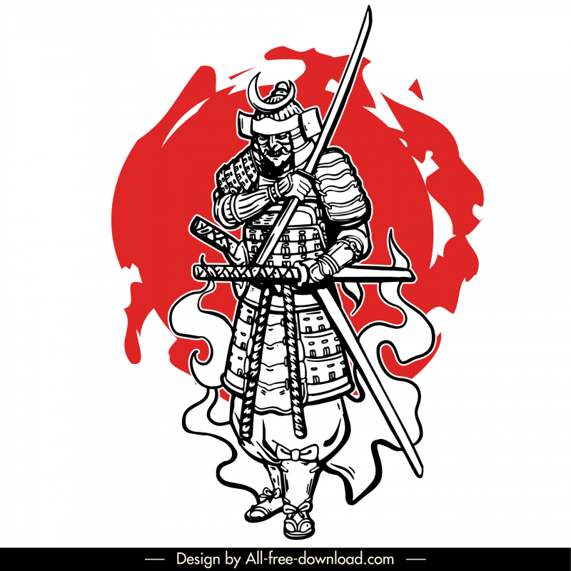 samurai japan  icon black and white handdrawn artline fire decor