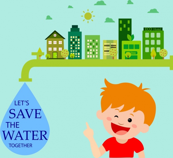 saving water banner drop tap green city icons